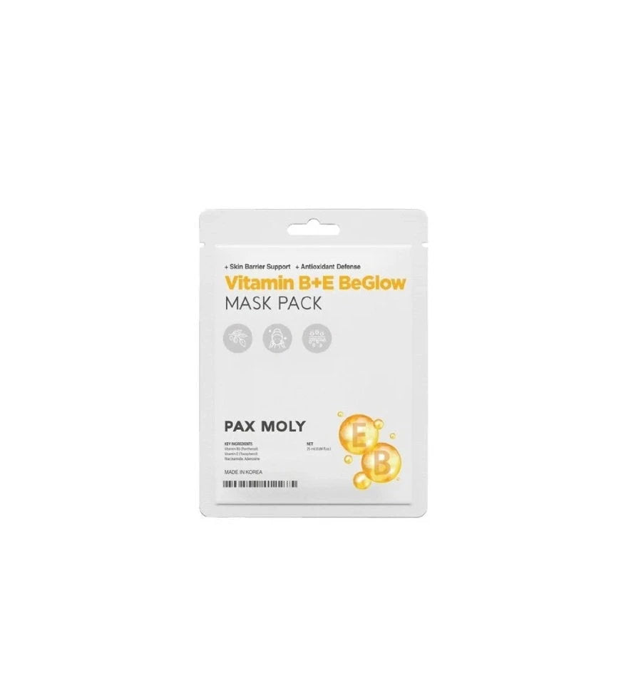 PaxMoly, Be Glow, Vitaminas B+E, skaistinanti ir švytėjimo suteikianti, lakštinė kaukė, veidui, dienai ir nakčiai, 25 ml