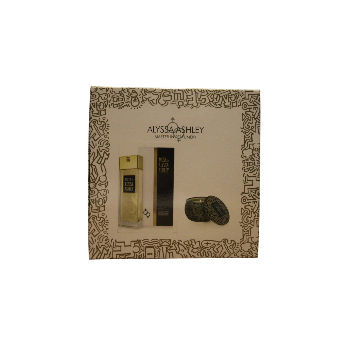 Rinkinys Alyssa Ashley: Musk, parfumuotas vanduo, unisex, 100 ml + Musk, kvapioji žvakė, 110 g