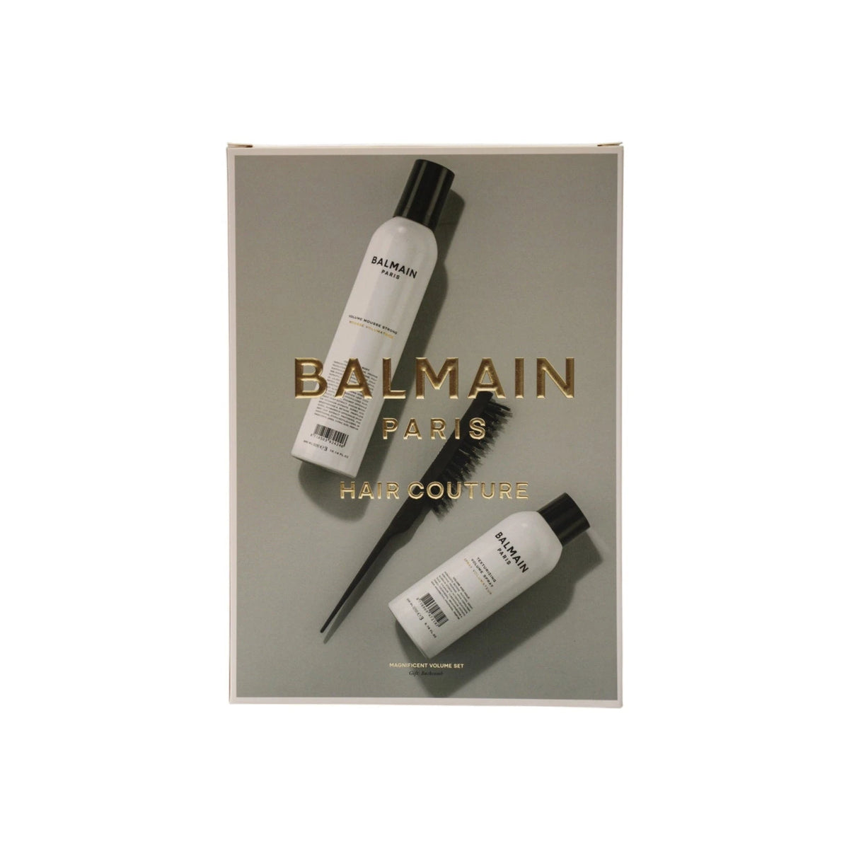 Rinkinys Balmain Professionnel: Balmain Professionnel, butanas, plaukų lakas, apimčiai, lengva fiksacija, 200 ml + Balmain Professionnel, plaukų formavimo putos, formavimui, stipri fiksacija, 300 ml + Balmain Professionnel, plaukų šepetys, juodas