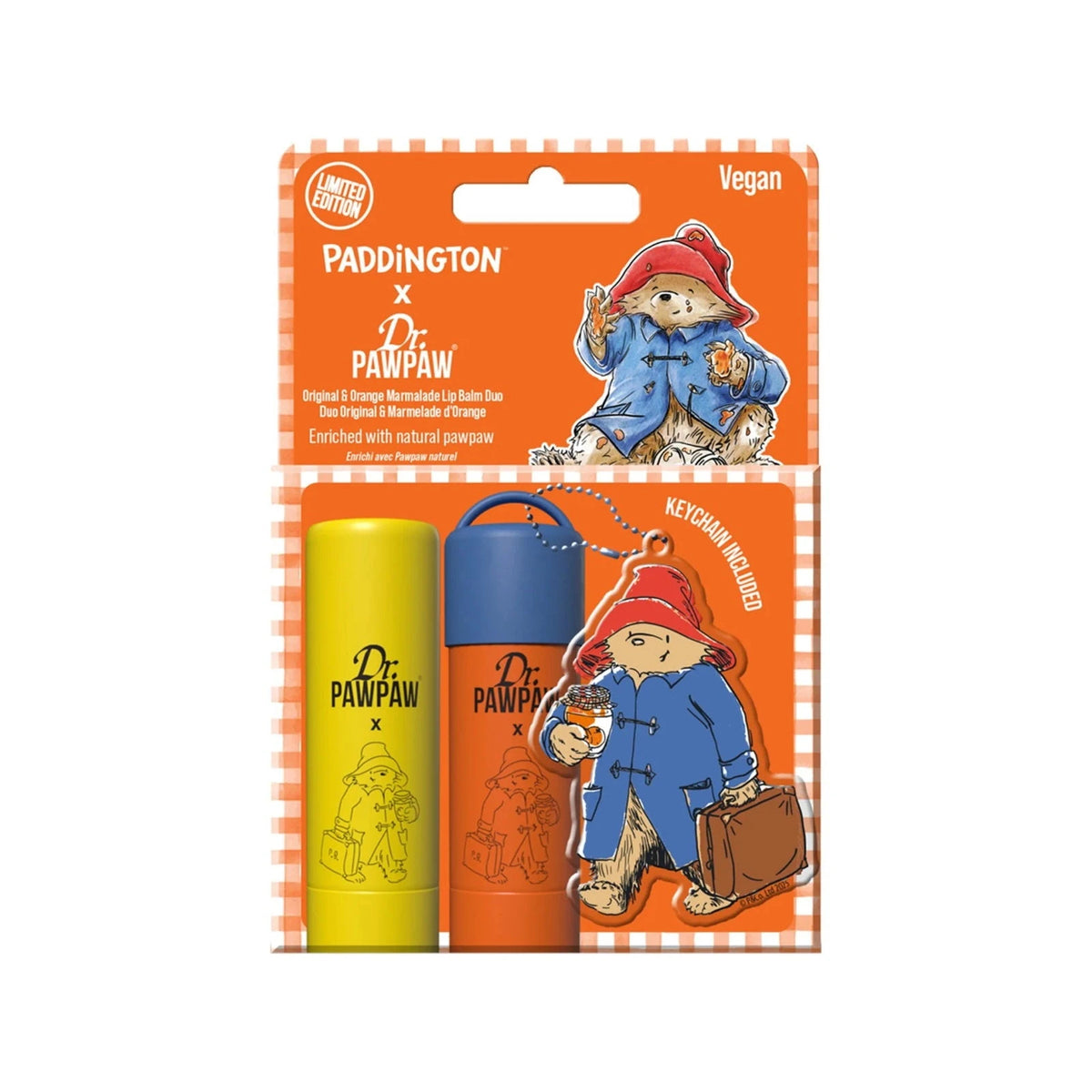 Rinkinys Dr. PawPaw: Paddington Bear Original Balm, veganiškas, lūpų balzamas, 4 g + Paddington Orange Marmalade, drėkinamasis, lūpų balzamas, 4 g + Paddington Bear, metalinis raktų pakabukas