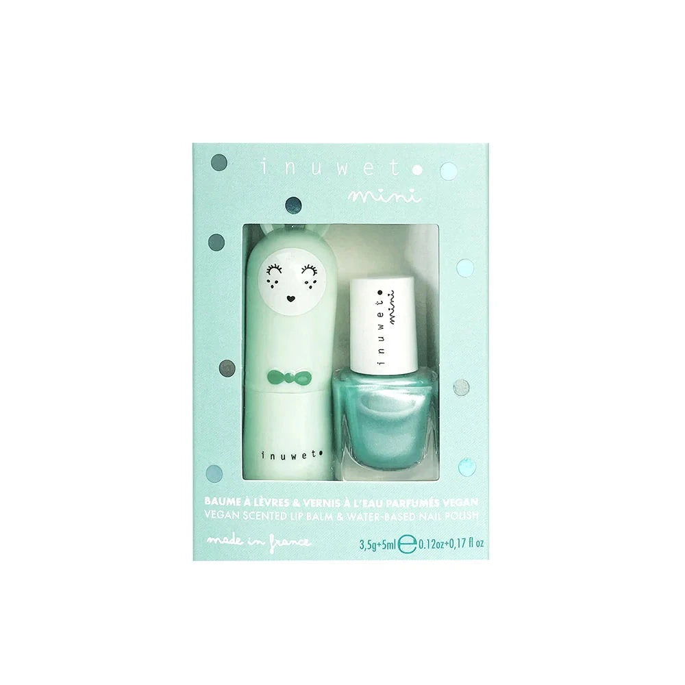 Rinkinys Inuwet: Inuwet, nagų lakas, Turquoise Is A Siren, 5 ml *Miniatiūra + Bunny Fruity, drėkinamasis ir kondicionuojantis, lūpų balzamas, 3.5 g