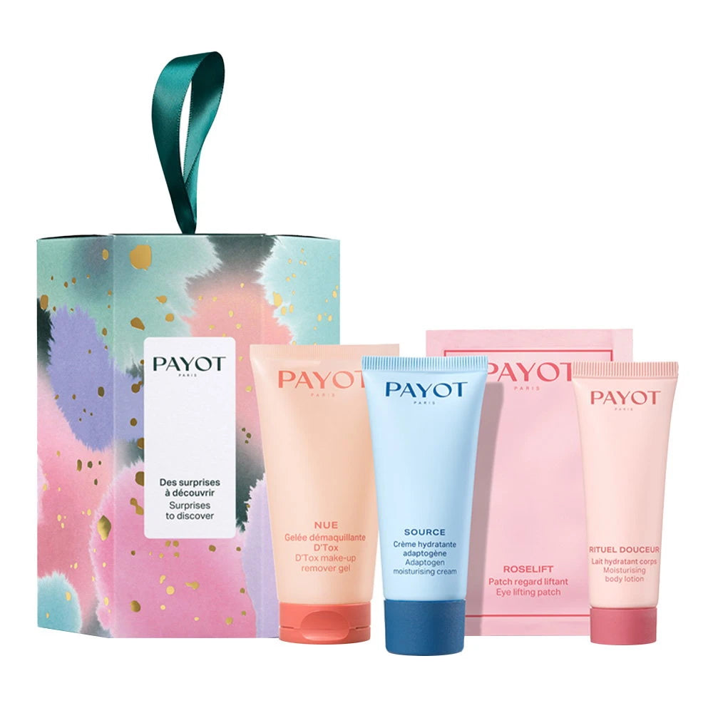 Rinkinys Payot: , Makeup Remover Gel, 50 ml + Source Adaptogen, drėkinamasis, kremas, veidui, 30 ml + Rituel Douceur, drėkinamasis, kūno losjonas, kūnui, 25 ml + Roselift, stangrinamasis, paakių pleistras, 2 vnt., 2 g
