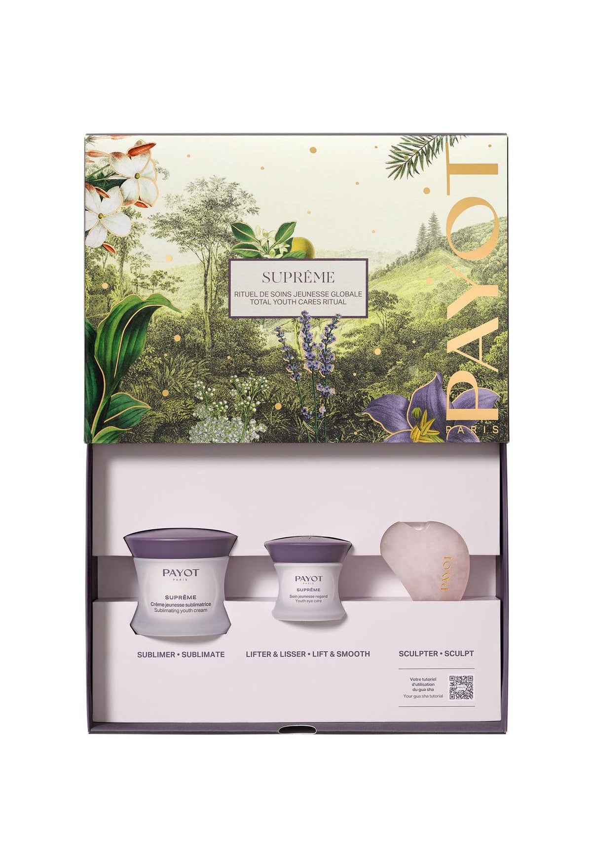 Rinkinys Payot: Supreme Sublimating, prieš senėjimą, dieninis, kremas, veidui, 50 ml + Supreme Sublimating, gerinantis, kremas akims, 15 ml + Gua Sha, šviesiai rožinis, liftinguojantis, veido masažo akmuo