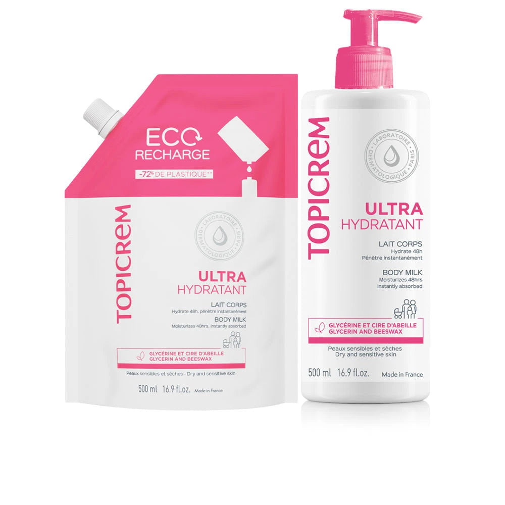 Rinkinys Topicrem: Ultra Hydratant, kūno pienelis, papildomas, 500 ml + Ultra Hydratant, kūno pienelis, papildymas, 500 ml